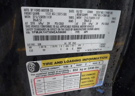 2022 Ford Expedition Max Xlt from USA, damaged, VIN 1FMJK1HTXNEA59680